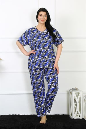 Moda Çizgi Kadın 5XL-6XL-7XL-8XL Büyük Beden Kısa Kol Pijama Takım 75010 Saks