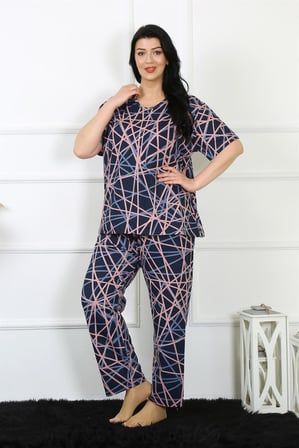 Moda Çizgi Kadın 5XL-6XL-7XL-8XL Büyük Beden Kısa Kol Pijama Takım 75008 Lacivert