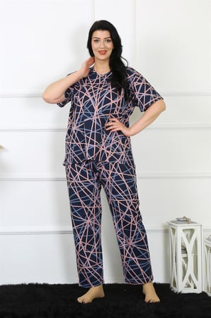 Moda Çizgi Kadın 5XL-6XL-7XL-8XL Büyük Beden Kısa Kol Pijama Takım 75008 Lacivert