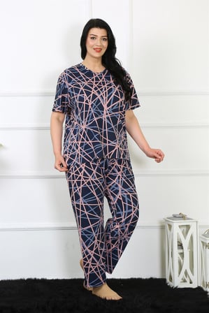 Moda Çizgi Kadın 5XL-6XL-7XL-8XL Büyük Beden Kısa Kol Pijama Takım 75008 Lacivert