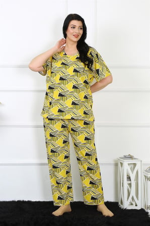 Moda Çizgi Kadın 5XL-6XL-7XL-8XL Büyük Beden Kısa Kol Pijama Takım 75007 Sarı