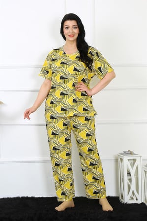 Moda Çizgi Kadın 5XL-6XL-7XL-8XL Büyük Beden Kısa Kol Pijama Takım 75007 Sarı