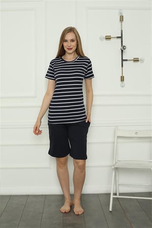 Moda Çizgi Aile Penye Şortlu Pijama Takım (anne - kız ) 50117 Ayrı Ayrı Satılır . Fiyatları Farklıdır Lacivert Kadın