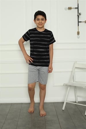 Moda Çizgi Aile Penye Şortlu Pijama Takım (baba - oğul ) 50115 Ayrı Ayrı Satılır . Fiyatları Farklıdır Siyah Erkek