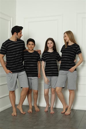 Moda Çizgi Aile Penye Şortlu Pijama Takım (baba - oğul ) 50115 Ayrı Ayrı Satılır . Fiyatları Farklıdır Siyah Erkek