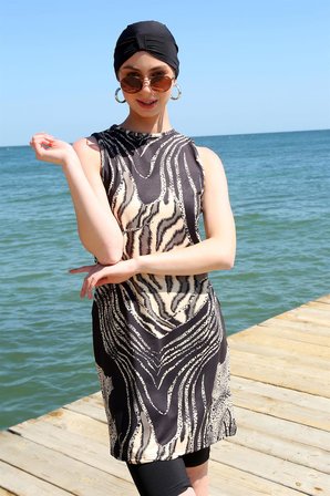 Moda Çizgi Sıfır Kol Leopar Yarım Tesettür Mayo 33010 Siyah