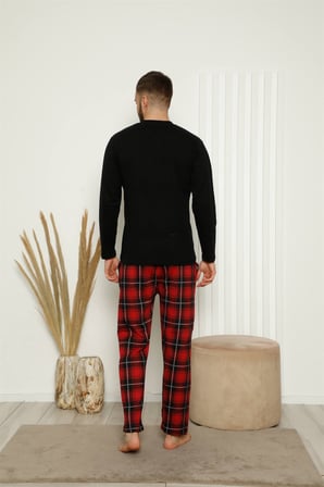 Moda Çizgi Erkek %100 Pamuk Cepli Uzun Kollu Pijama Takımı 6774 Siyah - Kırmızı