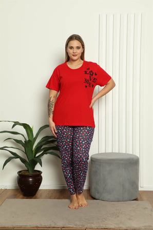 Moda Çizgi Kadın %100 Pamuk Kısa Kol Büyük Beden Pijama Takım 202144 Kırmızı