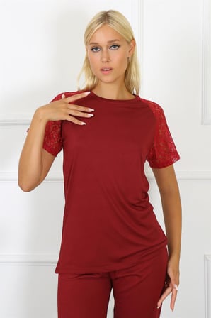 Moda Çizgi Kadın Kolu Dantelli Penye Pijama Takım 4152 Bordo