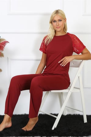 Moda Çizgi Kadın Kolu Dantelli Penye Pijama Takım 4152 Bordo