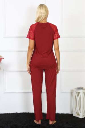 Moda Çizgi Kadın Kolu Dantelli Penye Pijama Takım 4152 Bordo