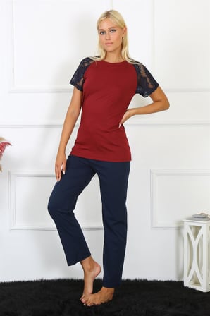 Moda Çizgi Kadın Kolu Dantelli Penye Pijama Takım 4149 Bordo