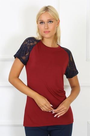Moda Çizgi Kadın Kolu Dantelli Penye Pijama Takım 4149 Bordo