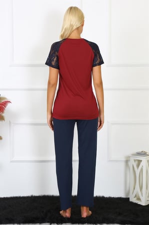 Moda Çizgi Kadın Kolu Dantelli Penye Pijama Takım 4149 Bordo