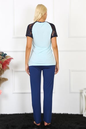 Moda Çizgi Kadın Kolu Dantelli Penye Pijama Takım 4148 Su Yeşili