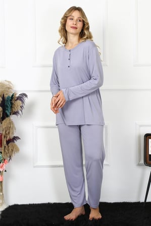 Moda Çizgi Kadın 4XL-5XL-6XL-7XL-8XL Büyük Beden Lila Uzun Kol Pijama Takım 75013