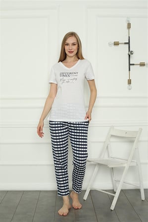 Moda Çizgi Kadın Penye Pijama Takım 4160 Beyaz