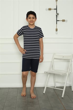 Moda Çizgi Erkek Çocuk Penye Şortlu Pijama Takım 20394 Lacivert