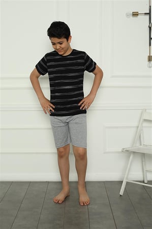 Moda Çizgi Erkek Çocuk Penye Şortlu Pijama Takım 20392 Siyah