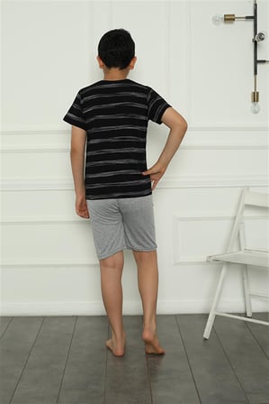 Moda Çizgi Erkek Çocuk Penye Şortlu Pijama Takım 20392 Siyah