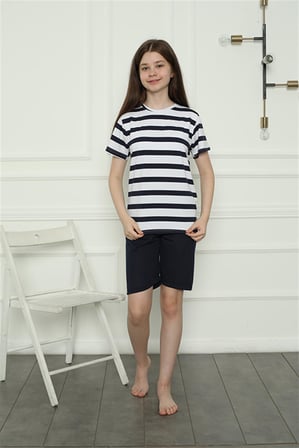 Moda Çizgi Kız Çocuk Penye Şortlu Pijama Takım 20406 Lacivert