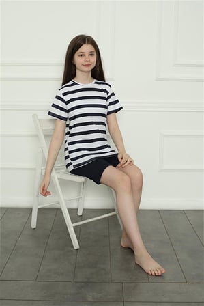 Moda Çizgi Kız Çocuk Penye Şortlu Pijama Takım 20406 Lacivert