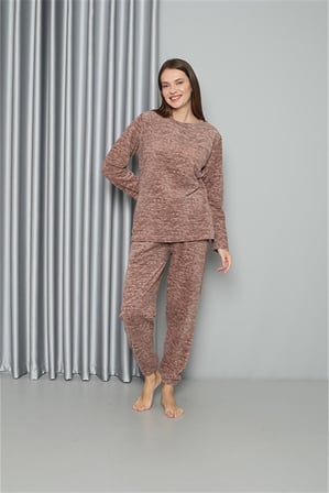 Moda Çizgi Welsoft Polar Kadın Pijama Takımı 8519 Sütlü Kahve