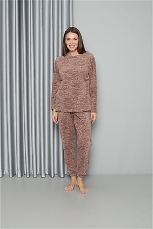 Moda Çizgi Welsoft Polar Kadın Pijama Takımı 8519 Sütlü Kahve