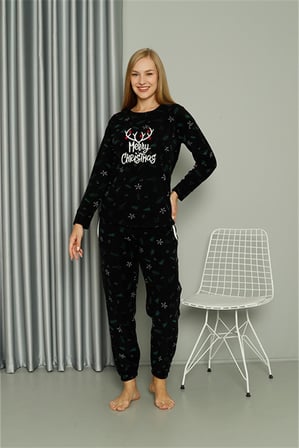 Moda Çizgi Welsoft Polar Kadın Pijama Takımı 8514 Siyah