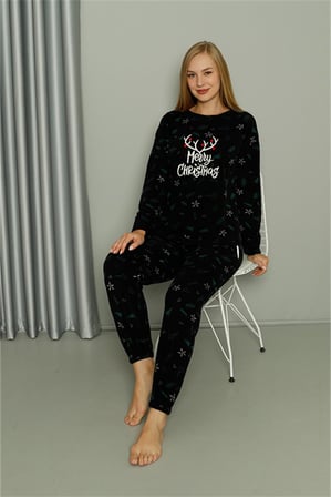 Moda Çizgi Welsoft Polar Kadın Pijama Takımı 8514 Siyah