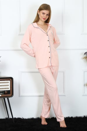Moda Çizgi Kadın Penye Uzun Kol Önden Düğmeli Pijama Takım 2778 Pembe