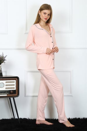 Moda Çizgi Kadın Penye Uzun Kol Önden Düğmeli Pijama Takım 2778 Pembe