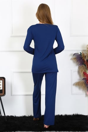 Moda Çizgi Kadın Penye Uzun Kol Patlı Pijama Takım 4169 Lacivert