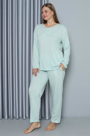 Moda Çizgi Kadın Büyük Beden Penye Uzun Kol Pijama Takım 202212 Su Yeşili