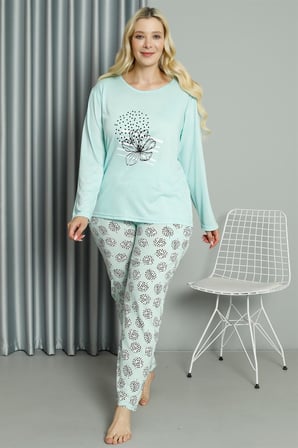 Moda Çizgi Kadın Büyük Beden Penye Uzun Kol Pijama Takım 202211 Su Yeşili