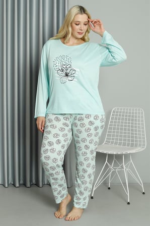 Moda Çizgi Kadın Büyük Beden Penye Uzun Kol Pijama Takım 202211 Su Yeşili