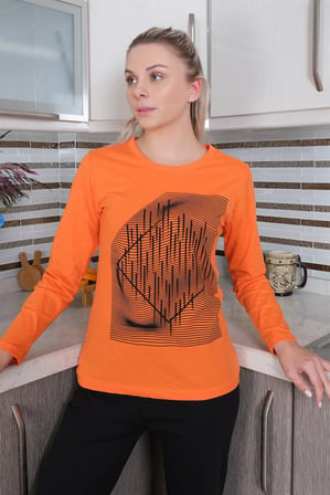 Moda Çizgi Kadın Uzun Kol Penye Pijama Takım 4177 Turuncu