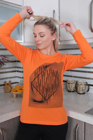 Moda Çizgi Kadın Uzun Kol Penye Pijama Takım 4177 Turuncu