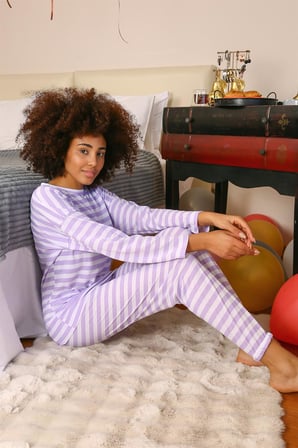 Moda Çizgi Kadın Uzun Kol Penye Pijama Takım 4175 Lila
