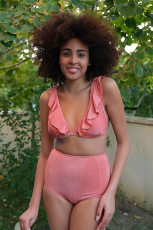 Moda Çizgi Kadın Fırfırlı Yüksek Bel Kiremit Alt Üst Bikini Takım 35010