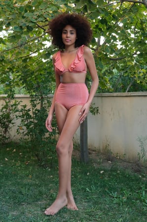 Moda Çizgi Kadın Fırfırlı Yüksek Bel Kiremit Alt Üst Bikini Takım 35010