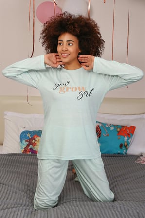 Moda Çizgi Kadın Penye Uzun Kol Pijama Takım 4188 Su Yeşili