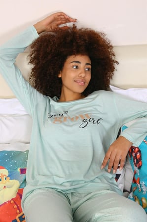 Moda Çizgi Kadın Penye Uzun Kol Pijama Takım 4188 Su Yeşili