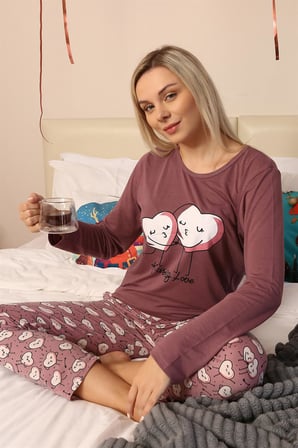 Moda Çizgi Kadın Penye Uzun Kol Pijama Takım 4187 Mürdüm