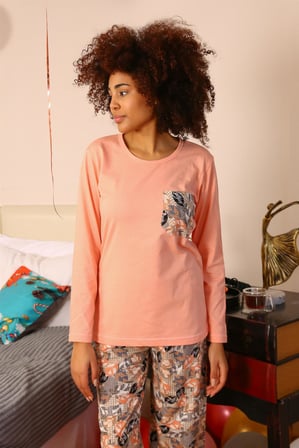 Moda Çizgi Kadın Uzun Kol Penye Pijama Takım 4196 Yavruağzı