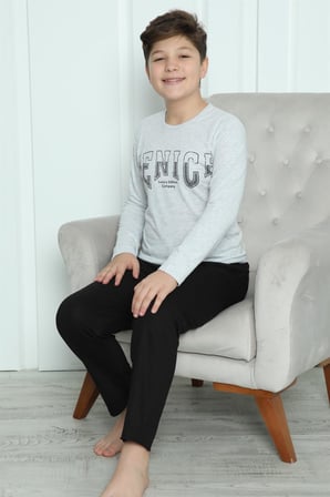 Moda Çizgi Erkek Çocuk Penye Pijama Takım 20417 Ekru