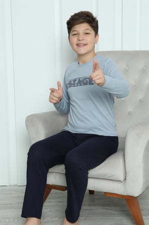 Moda Çizgi Erkek Çocuk Penye Pijama Takım 20415 Buz Mavisi
