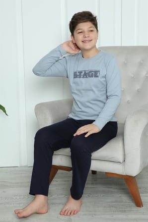 Moda Çizgi Erkek Çocuk Penye Pijama Takım 20415 Buz Mavisi