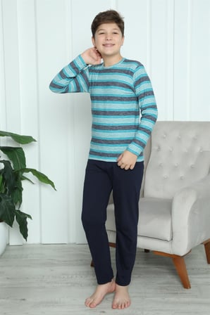 Moda Çizgi Erkek Çocuk Penye Pijama Takım 20413 Turkuaz