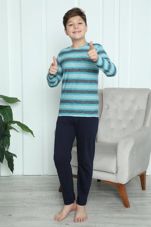 Moda Çizgi Erkek Çocuk Penye Pijama Takım 20413 Turkuaz